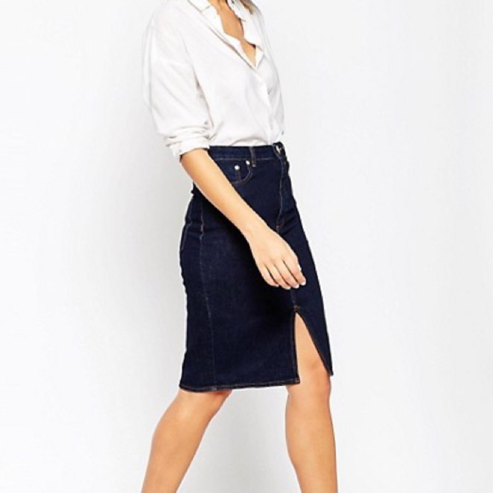 Asos dark wash denim pencil skirt slit